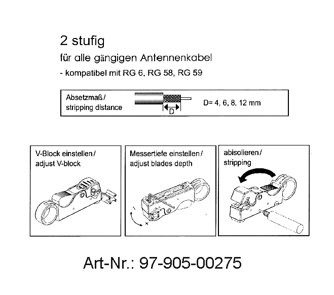 Koaxmesser Abisolier Werkzeug Messer für RG58 RG59 RG62 Koaxkabel und auch TV + SAT Koax