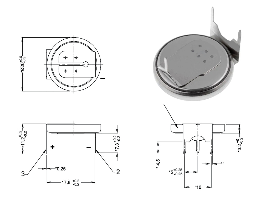 CR2032 PCB liegend mit 3 Lötkontakten 3V Lithium Zelle RM 10x18mm