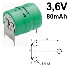 3,6V Akku NiMH 80mAh mit 3 Lötpins 3,6V Akku NiMH 80mAh mit 3 Lötpins