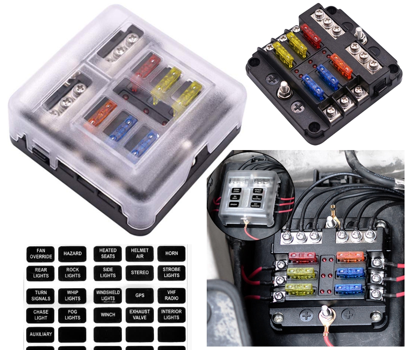 Sicherungshalter 6-fach für KFZ ATC Sicherungen mit Status-LED Aufkleber und 12 ATC Sicherungen