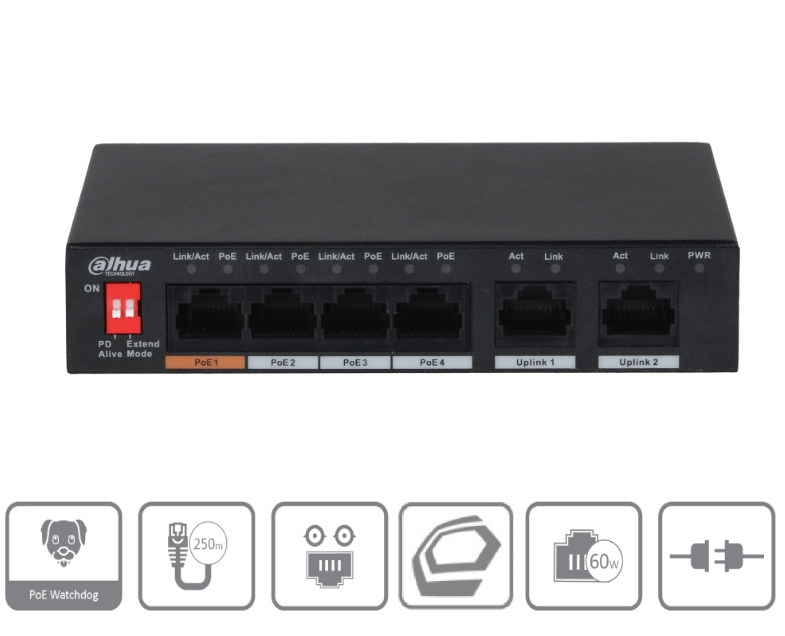 LAN RJ45 PoE Switch 6Port davon 4xPoE 10/100Mbit