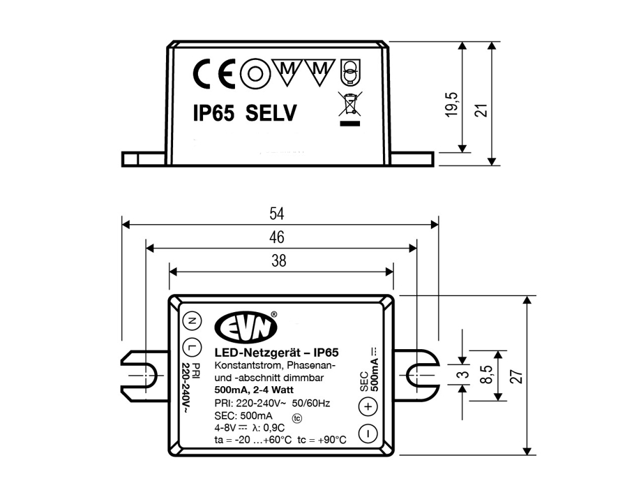 LED Netzteil CC-Treiber 500mA Konstantstrom bis 4W Eingang 230VAC EVN