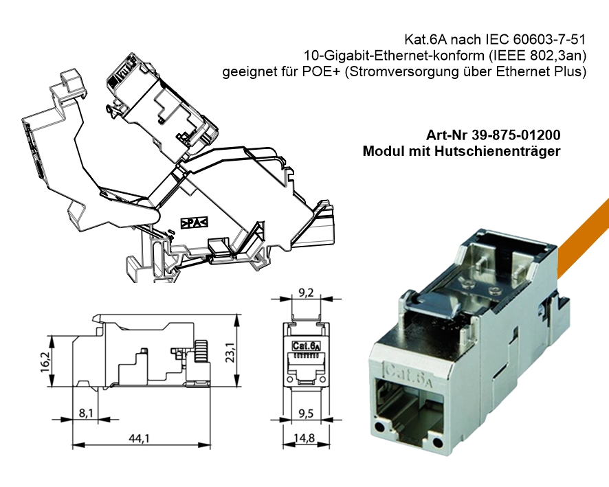 Netzwerkdose Hutschiene CAT6A LAN Dose mit RJ45 Buchse LAN-Keystone AMJ-S Modul Cat.6A TS35