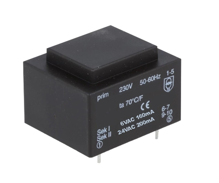 43-600-00220_Trafo_24VAC_6VAC_2023 24V+6V Trafo 24VAC 200mA 6VAC 160mA Platinentrafo 5,8VA mit Lötstifte