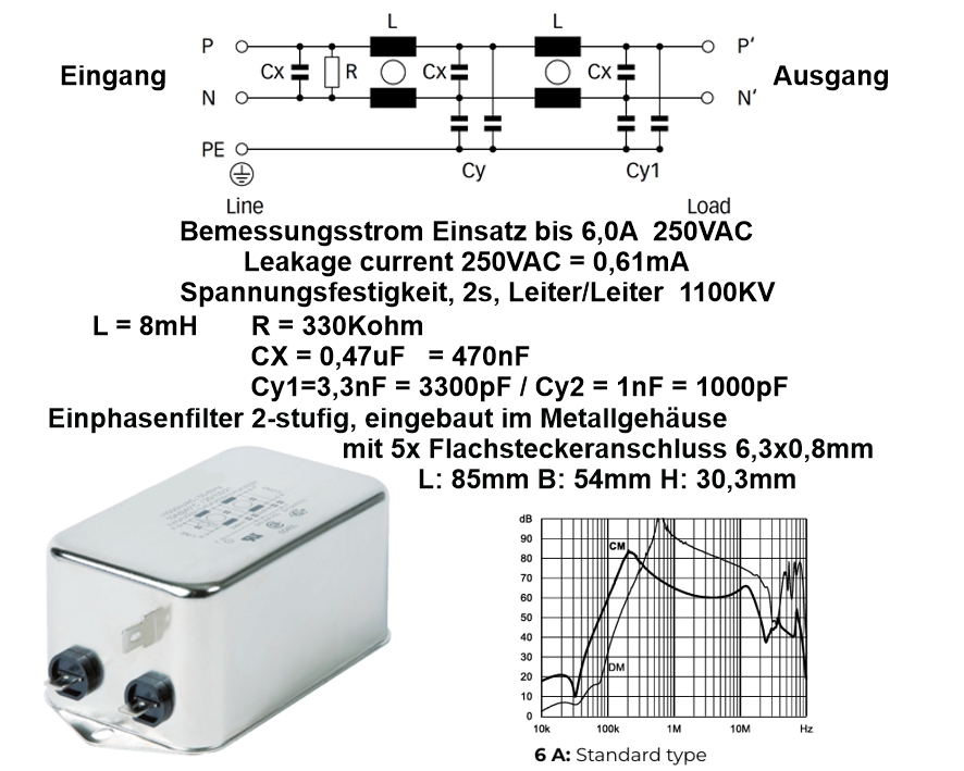 Netzfilter 230V 6A 5pol Entstörfilter 2-stufig mit Entstörkondensator 4x8mH 0,47uF 1000pF SIFI EMV EMI RFI Filter