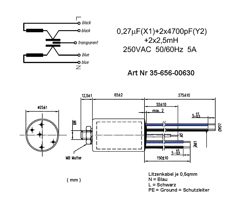 Entstörkondensator Netzfilter 5A 250V 0,27uF 2x 4700pF 2x2,5mH Entstör-Drossel