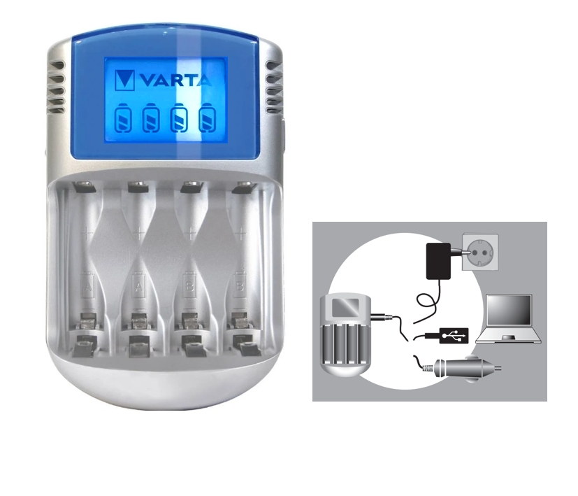 Varta_Ladegeraet_LCD-Charger_USB_12V_33-455-00407_B2zKySIMdJWBAmX Micro Mignon Ladegerät Platz für 1-4 Akkus versorgbar über USB oder KFZ oder Netzteil