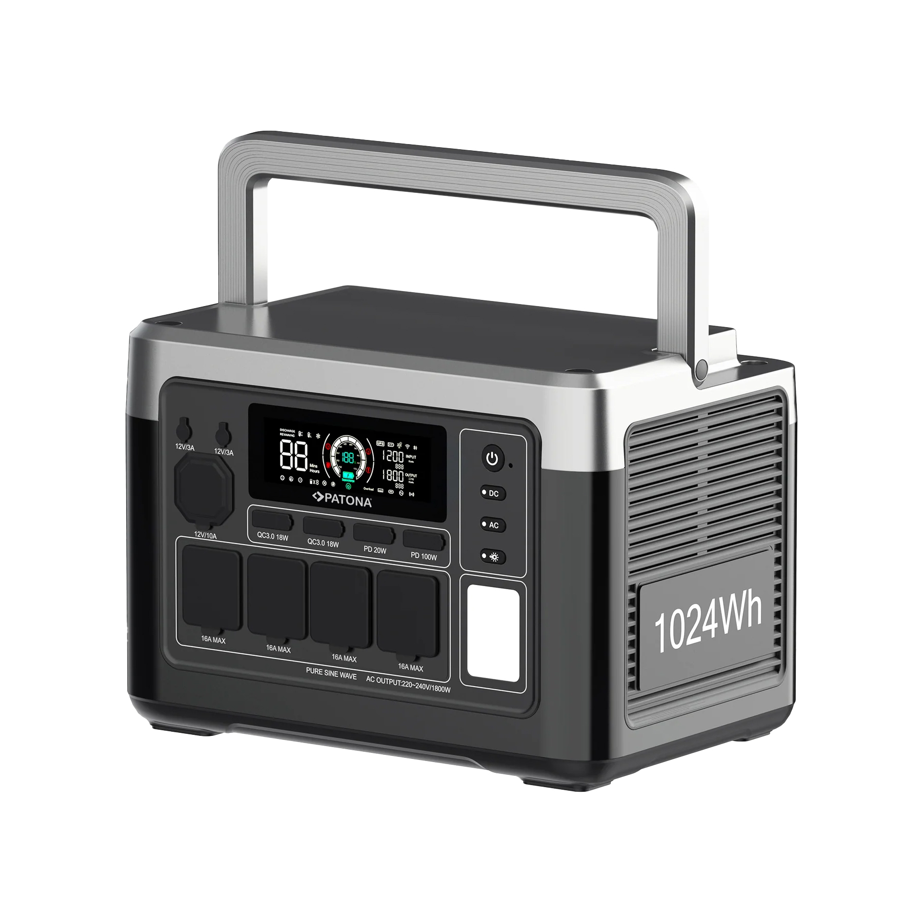 Akku Powerbank mit 220VAC Konverter 1800W und 48Ah Lithium-Akku und USB-Ladegerät LED-Licht und APP