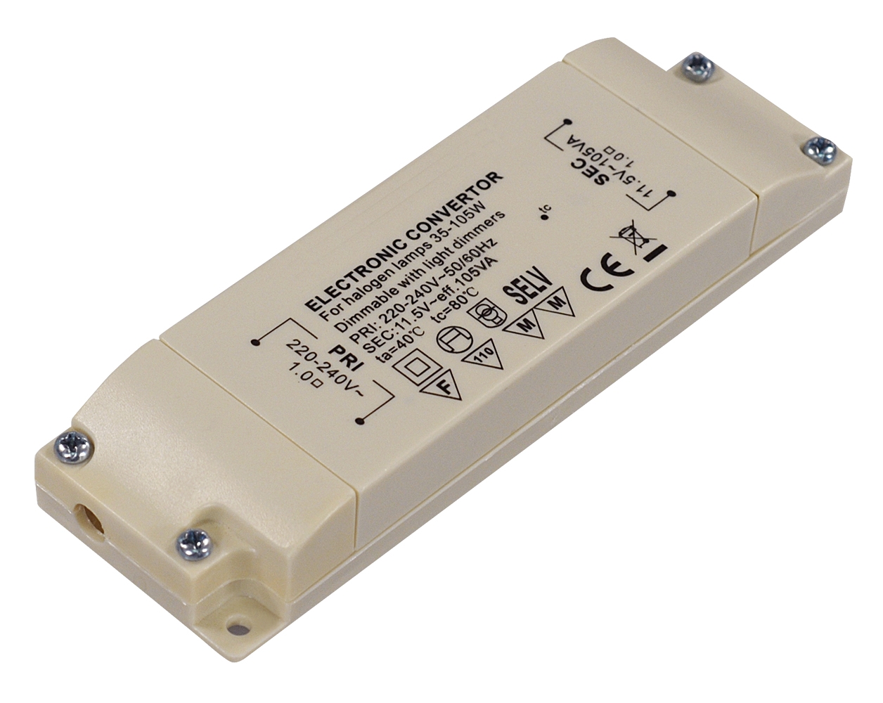 105VA_Trafo_43-700-00485 105W Halogentrafo 230V auf 12VAC 35-105VA dimmbar 130x40x19mm SLIM